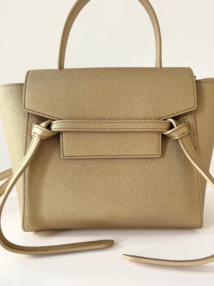 Celine Metallic Gold Drummed Leather Nano Belt Bag