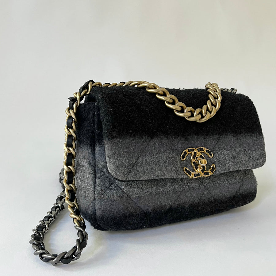 Chanel 19 Grey Black Ombre Wool Small Flap Bag