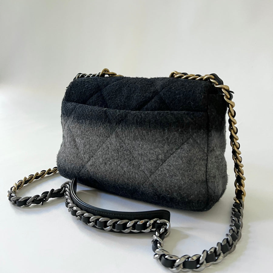 Chanel 19 Grey Black Ombre Wool Small Flap Bag