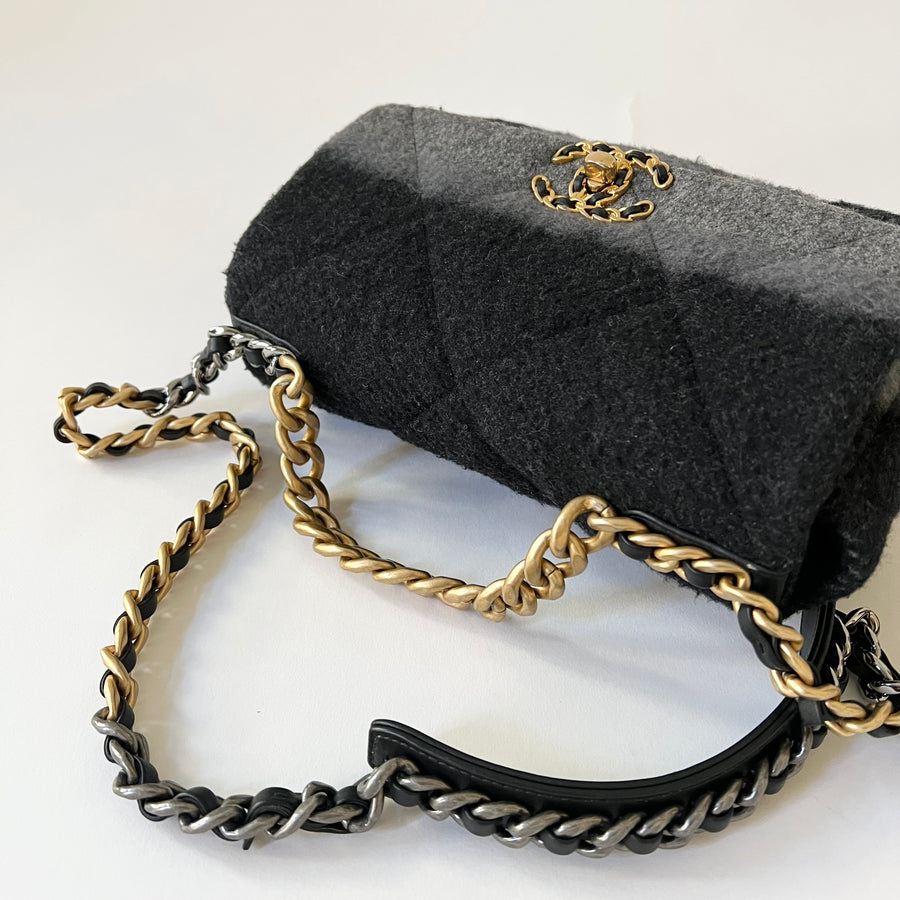 Chanel 19 Grey Black Ombre Wool Small Flap Bag
