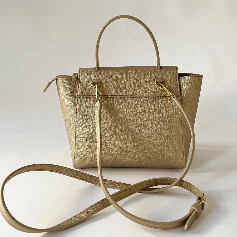 Celine Metallic Gold Drummed Leather Nano Belt Bag