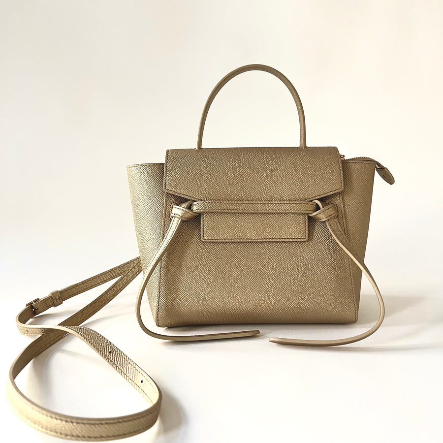 Celine Metallic Gold Drummed Leather Nano Belt Bag